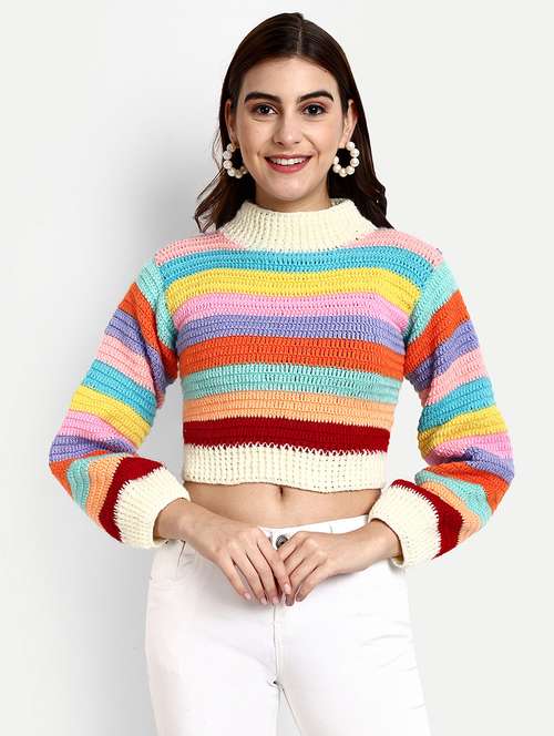 women striped long sleeve cropped pullover - 21688470 - Standard Image - 0