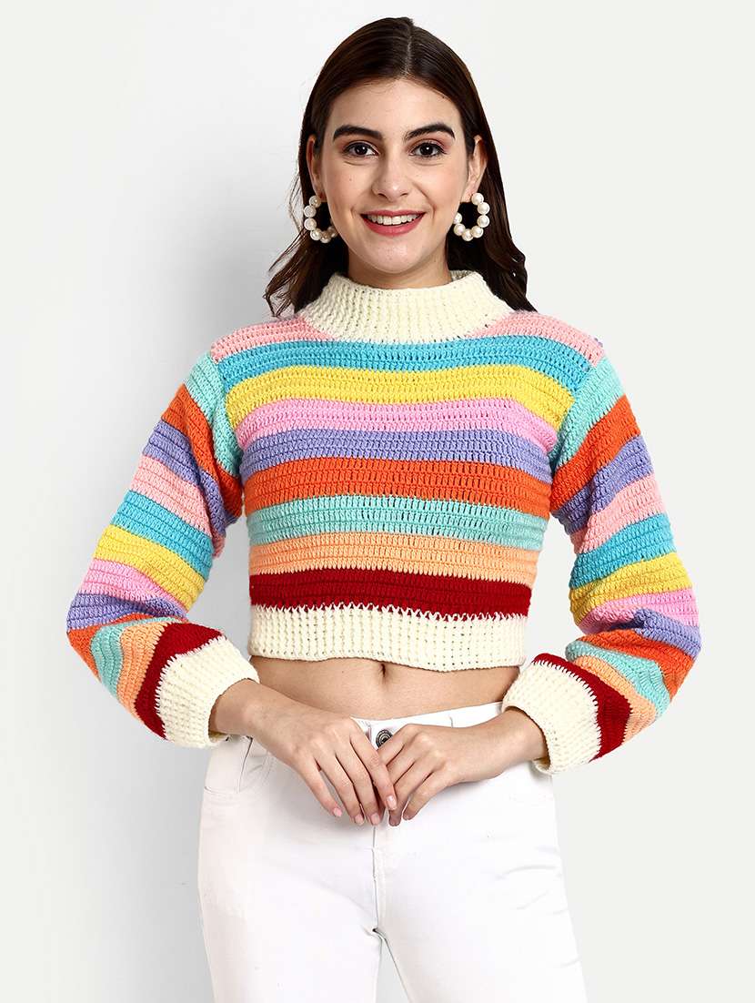 women striped long sleeve cropped pullover - 21688470 - Zoom Image - 0