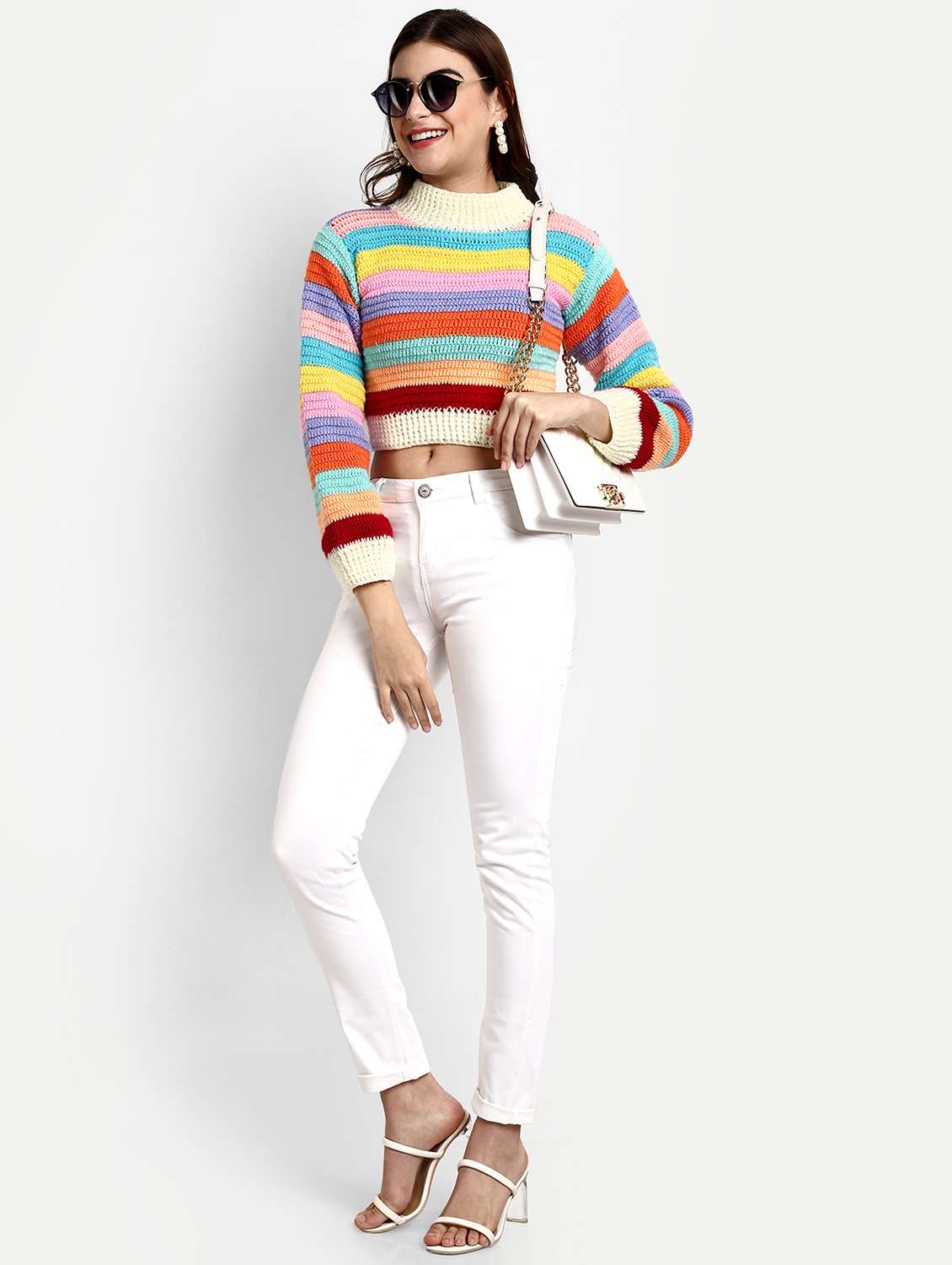 women striped long sleeve cropped pullover - 21688470 - Standard Image - 3