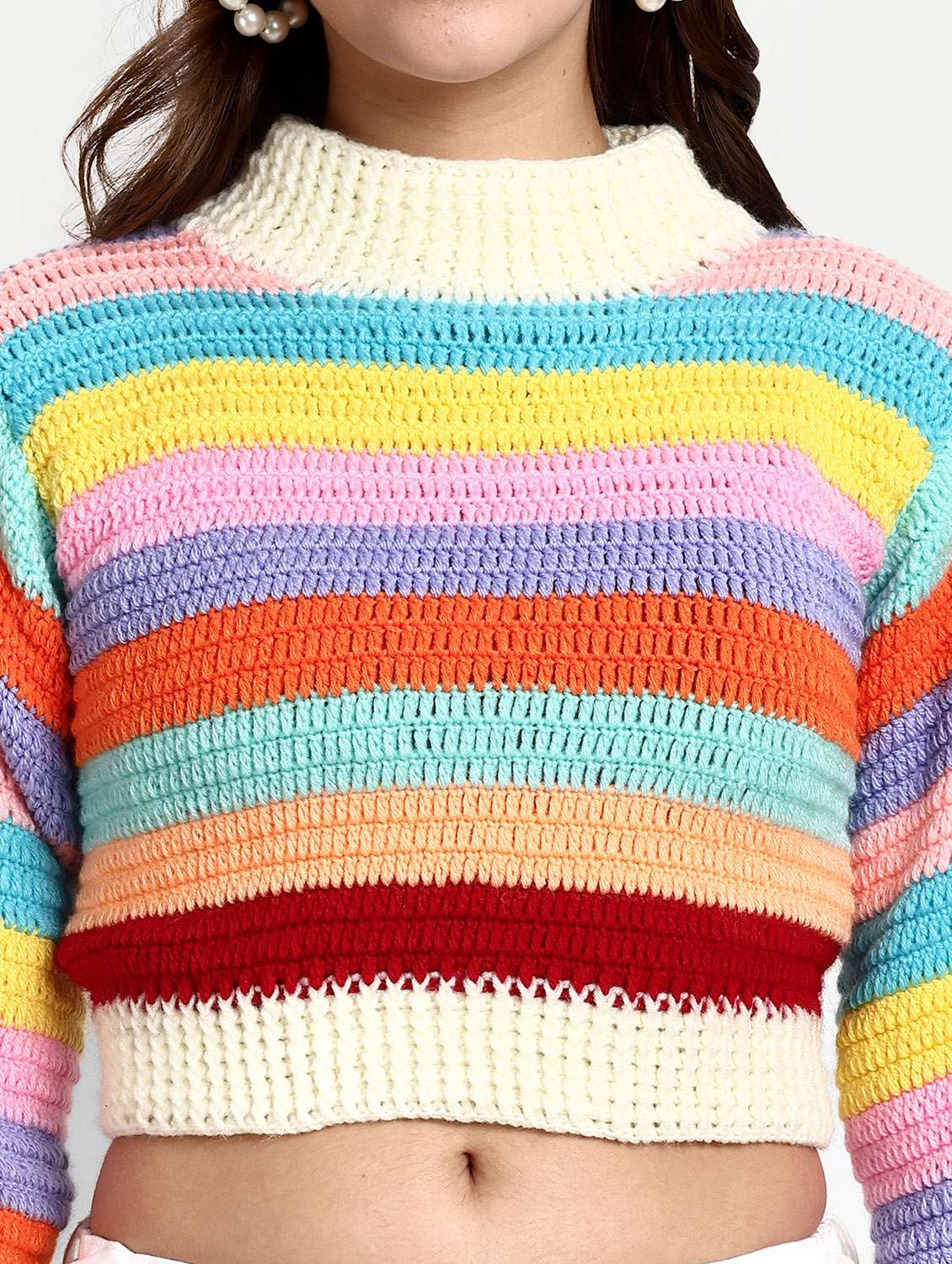 women striped long sleeve cropped pullover - 21688470 - Standard Image - 5
