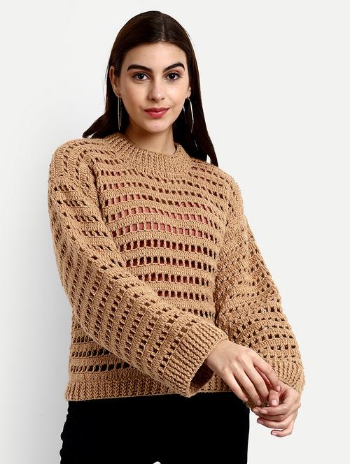 women brown round neck long sleeve pullover - 21688474 - Standard Image - 0