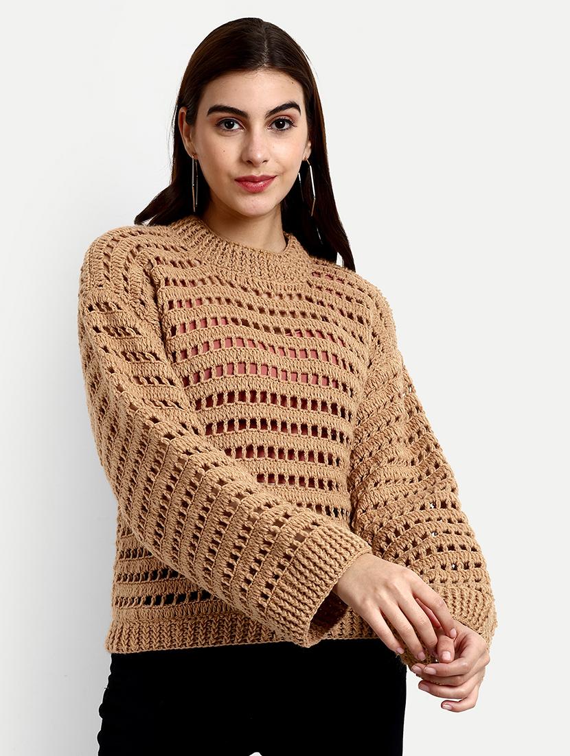 women brown round neck long sleeve pullover - 21688474 - Zoom Image - 0