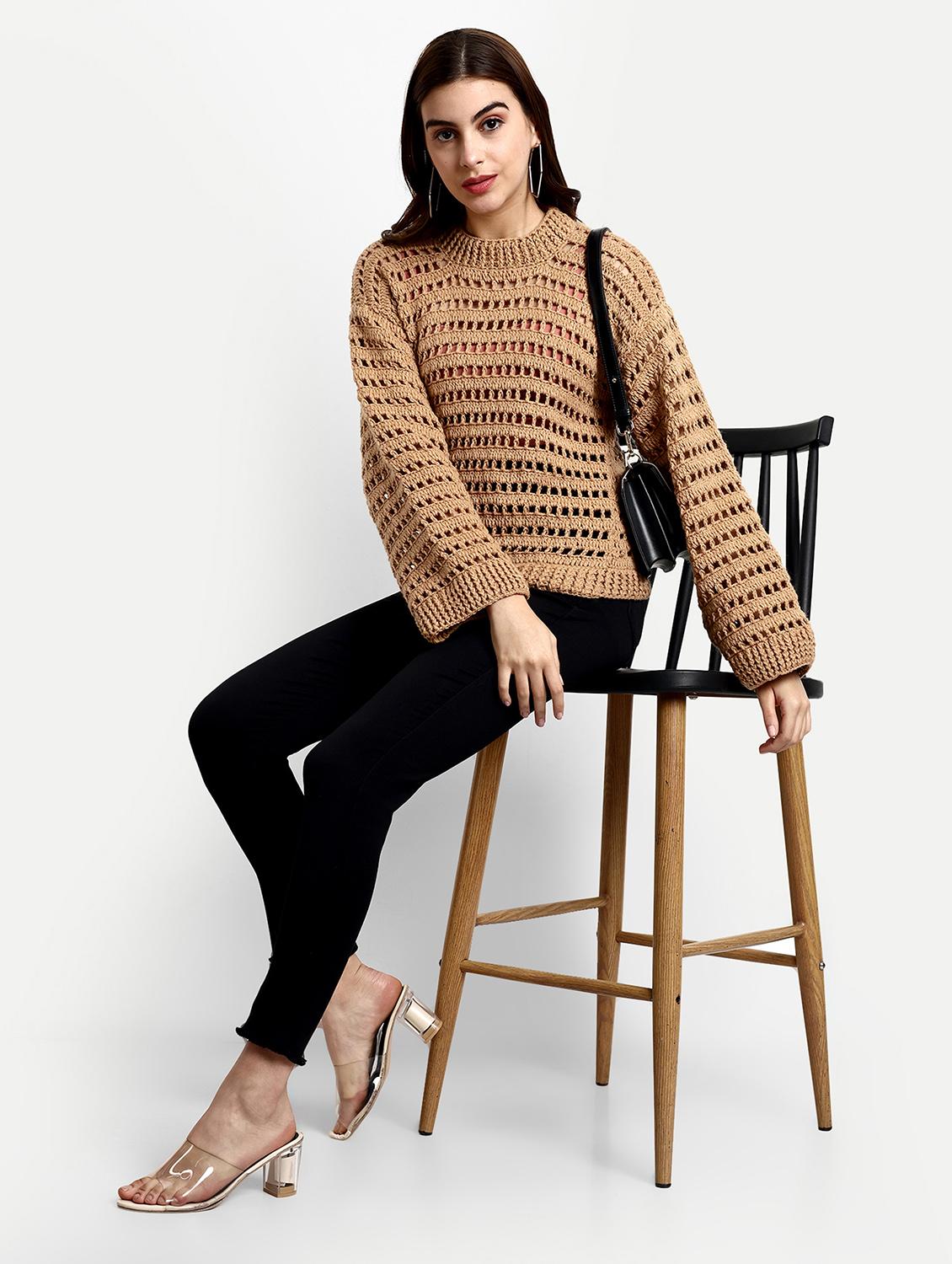 women brown round neck long sleeve pullover - 21688474 - Standard Image - 3