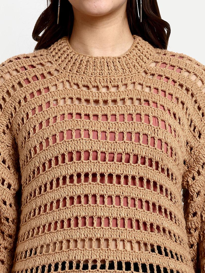 women brown round neck long sleeve pullover - 21688474 - Standard Image - 5