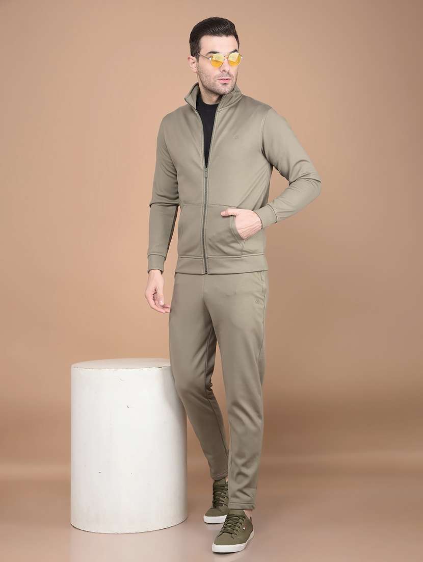 men olive solid full length track suits