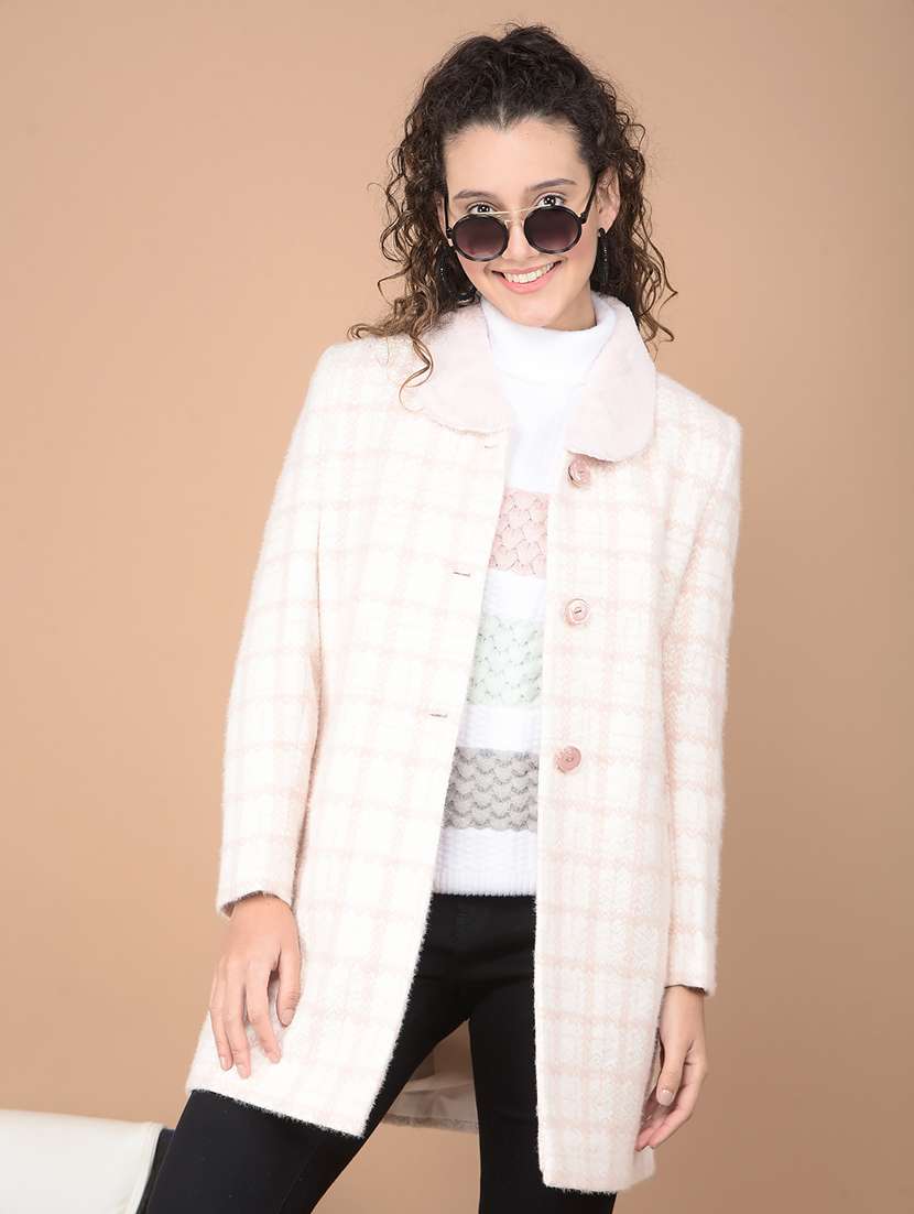 women checkered long sleeve trench coat