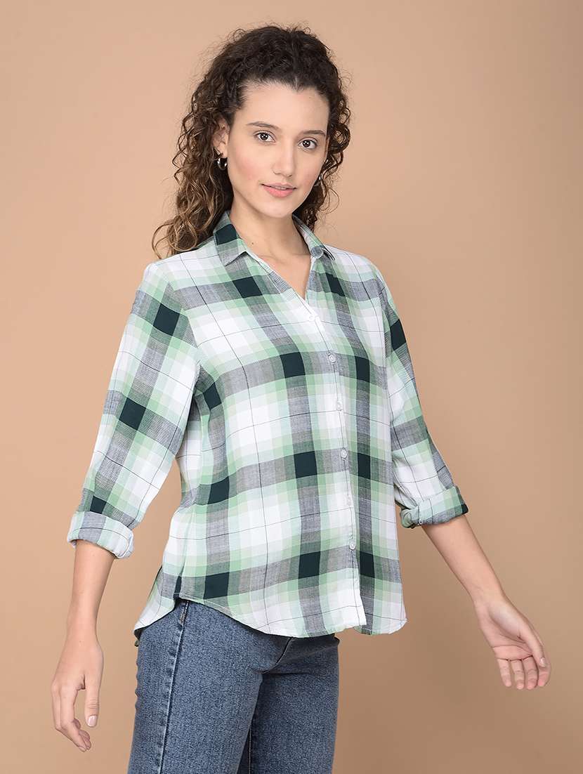 women checkered collared high low shirt