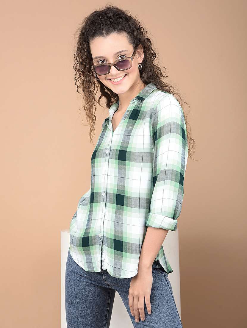 women checkered collared high low shirt