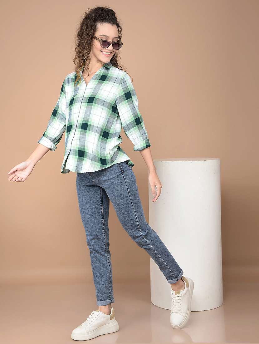 women checkered collared high low shirt - 21688700 -  Standard Image - 5