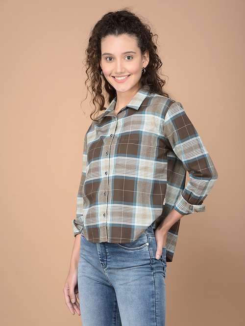 women checkered collared high low shirt - 21688701 -  Standard Image - 0