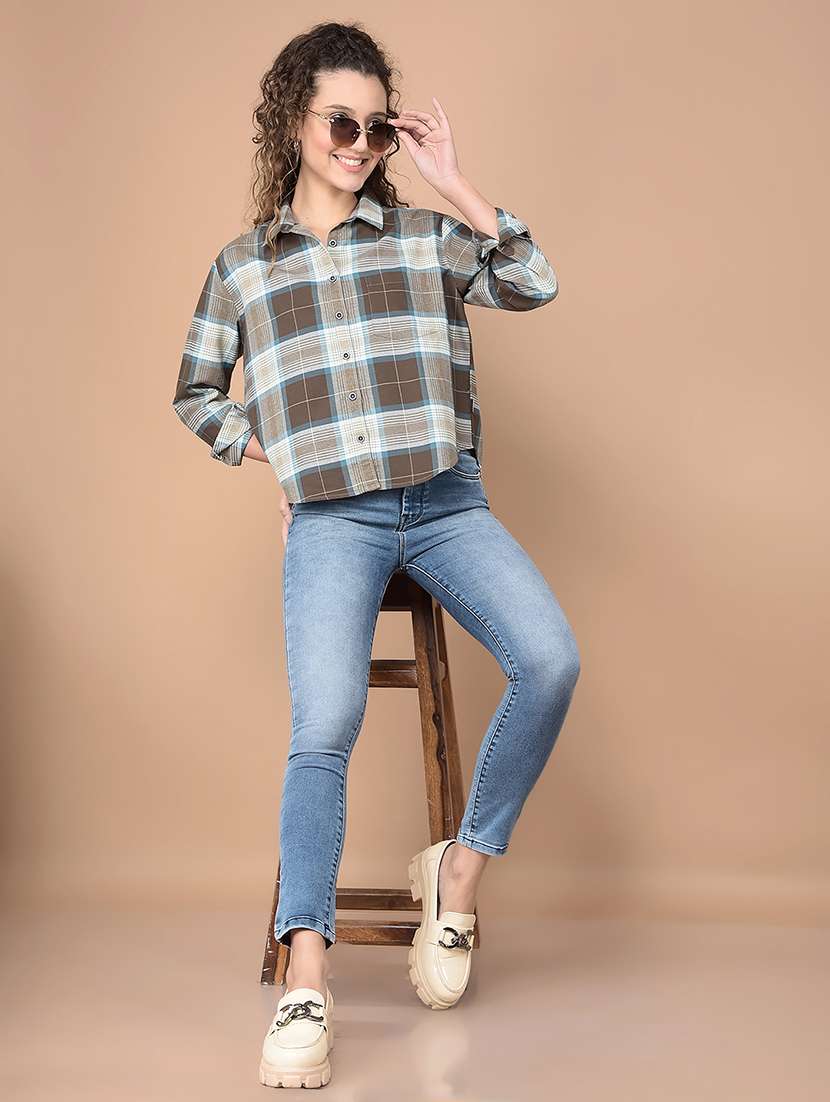 women checkered collared high low shirt - 21688701 - Standard Image - 3