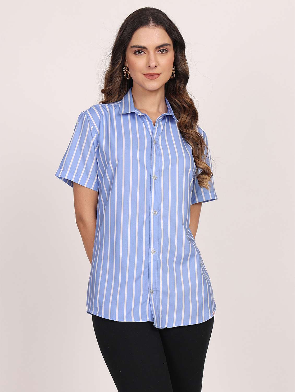 women striped short sleeve casual shirt