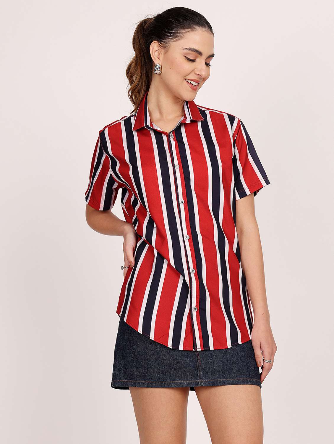 women striped short sleeve casual shirt