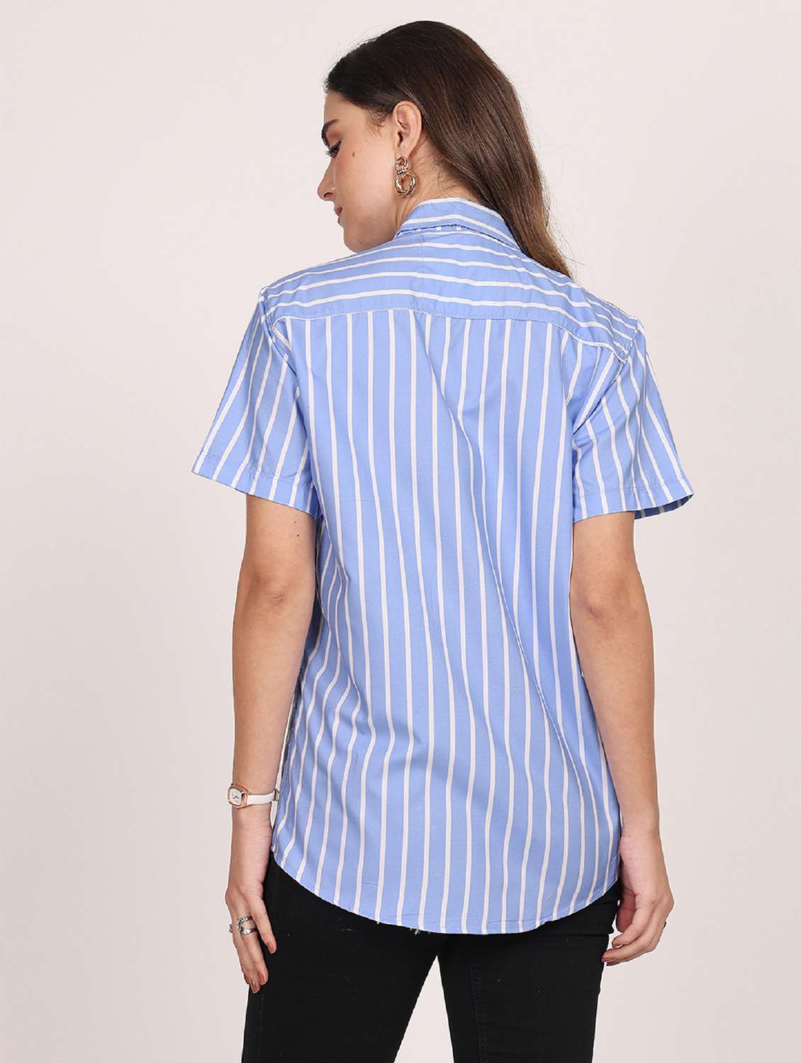 women striped short sleeve casual shirt - 21688711 - Standard Image - 3