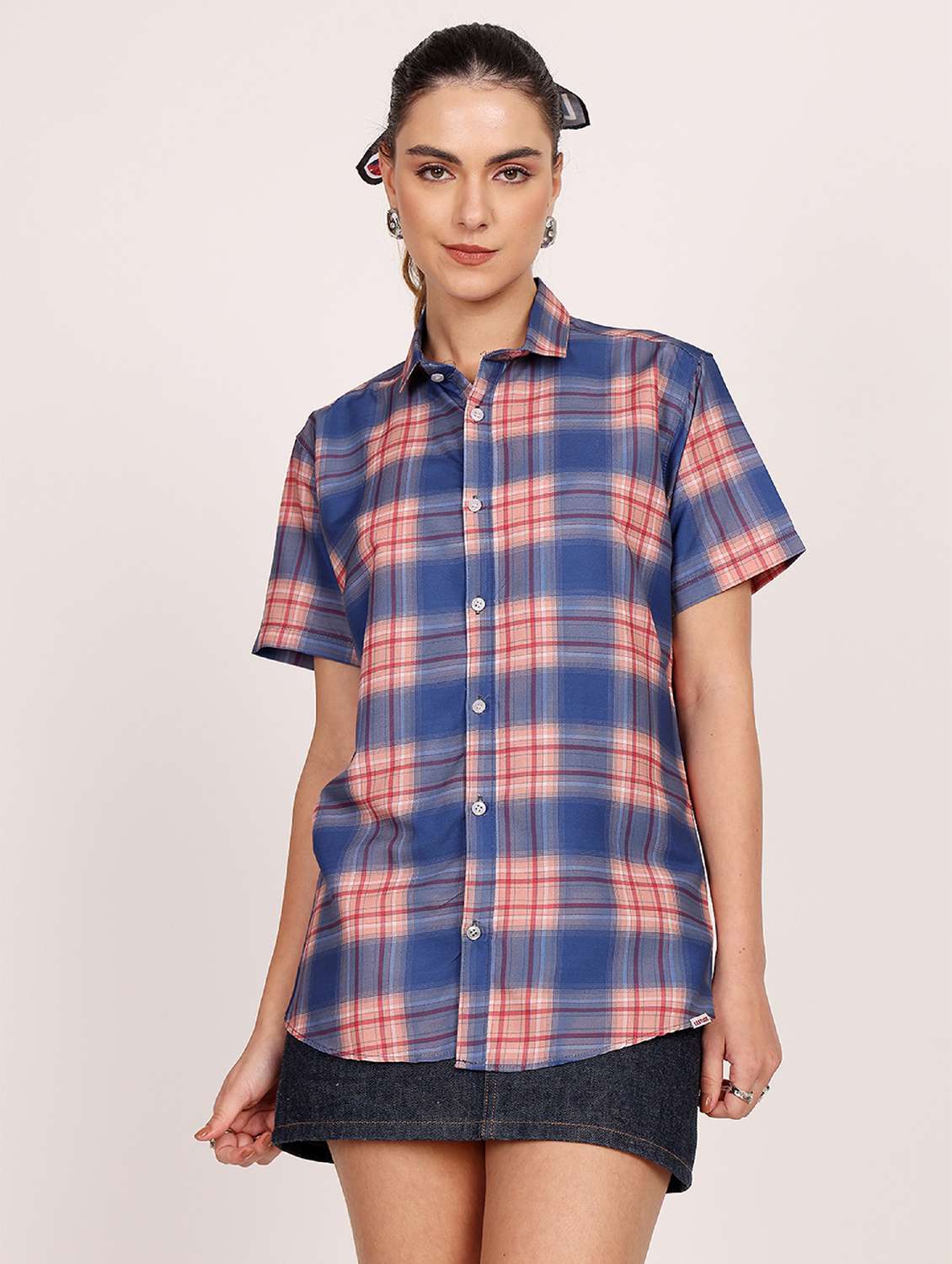 women checkered short sleeve casual shirt - 21688715 - Zoom Image - 0