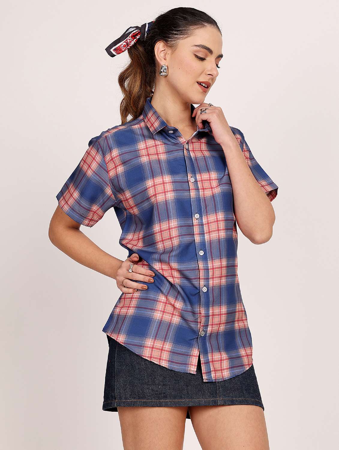 women checkered short sleeve casual shirt - 21688715 - Standard Image - 3