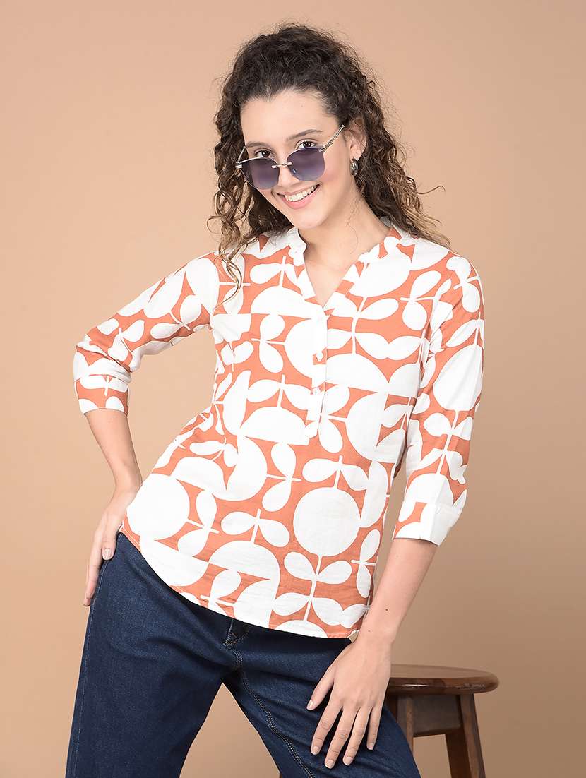 women printed mandarin neck regular top