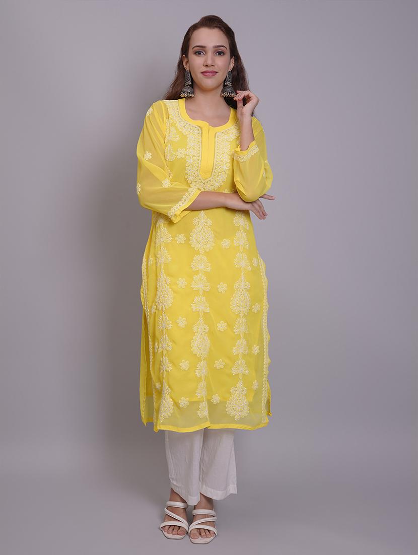 women three quarter sleeve straight chikankari kurta - 21688782 - Zoom Image - 0