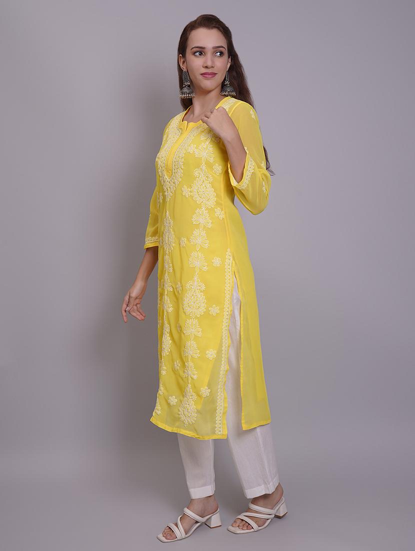 women three quarter sleeve straight chikankari kurta - 21688782 - Standard Image - 3