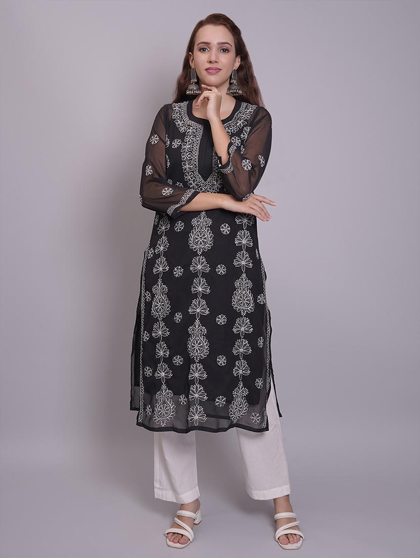 women three quarter sleeve straight chikankari kurta - 21688783 -  Zoom Image - 0