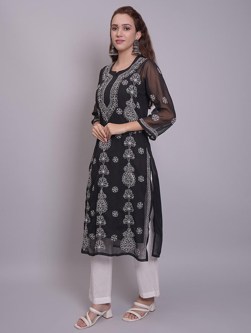 women three quarter sleeve straight chikankari kurta - 21688783 - Standard Image - 3