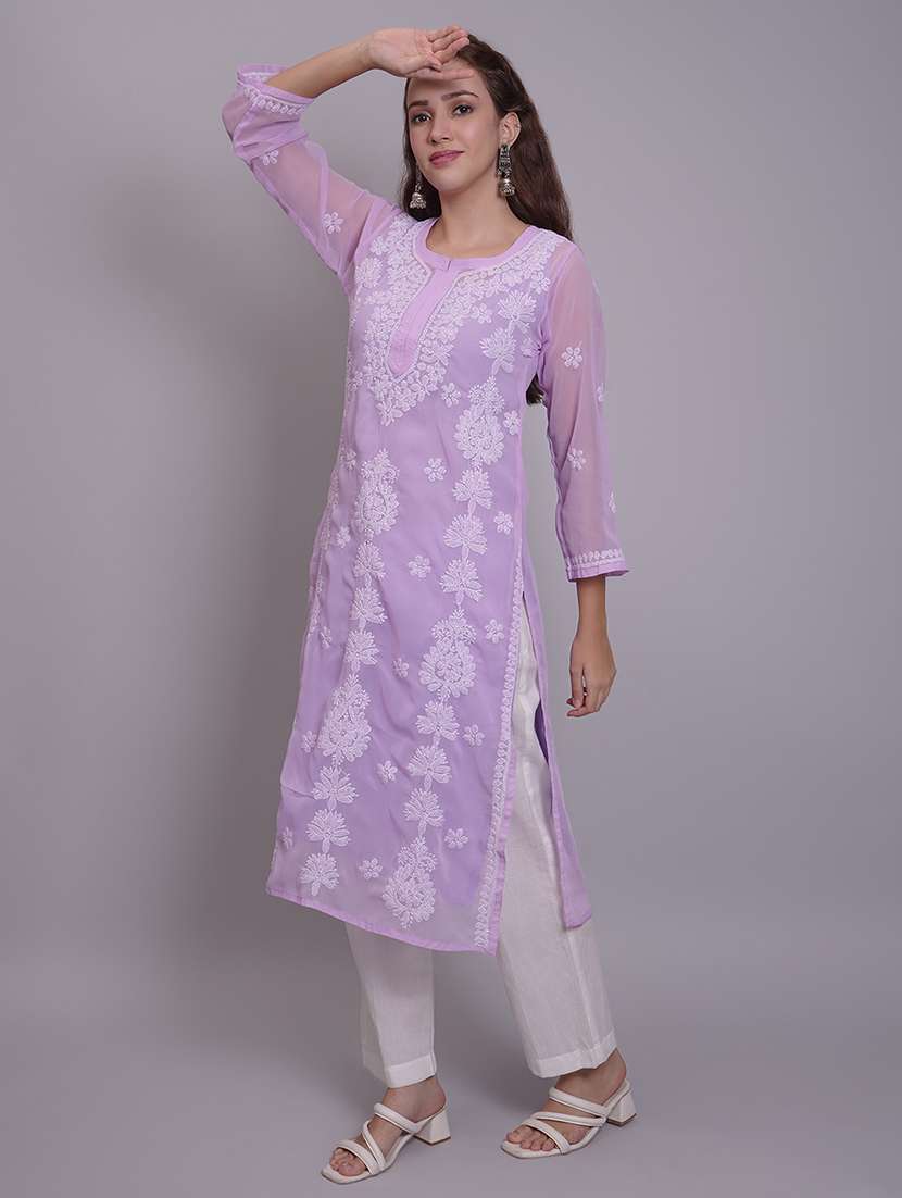 Women Three Quarter Sleeve Straight Chikankari Kurta - 21688784 -  Standard Image - 3