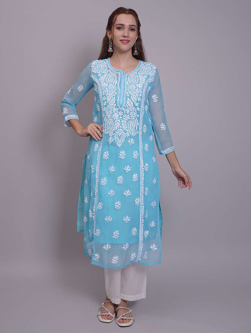 women three quarter sleeve straight chikankari kurta