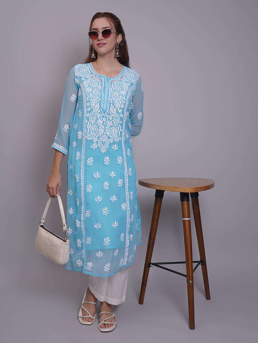 women three quarter sleeve straight chikankari kurta