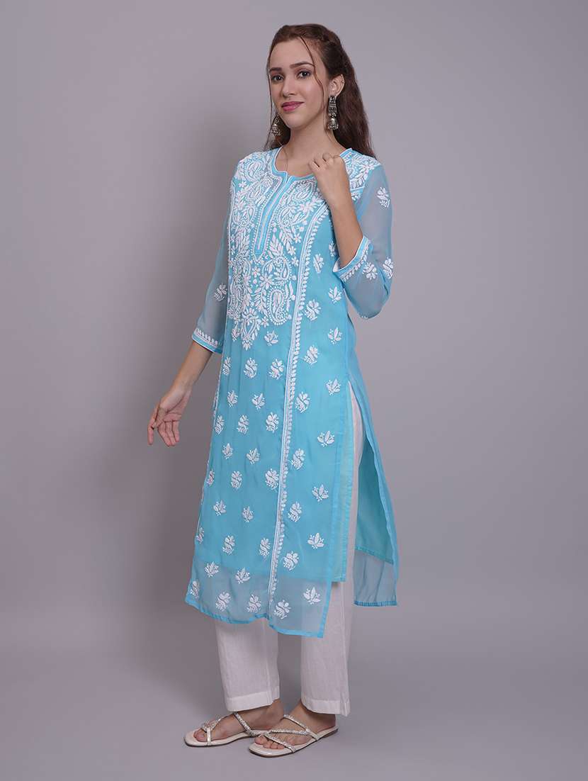 women three quarter sleeve straight chikankari kurta - 21688786 -  Standard Image - 3