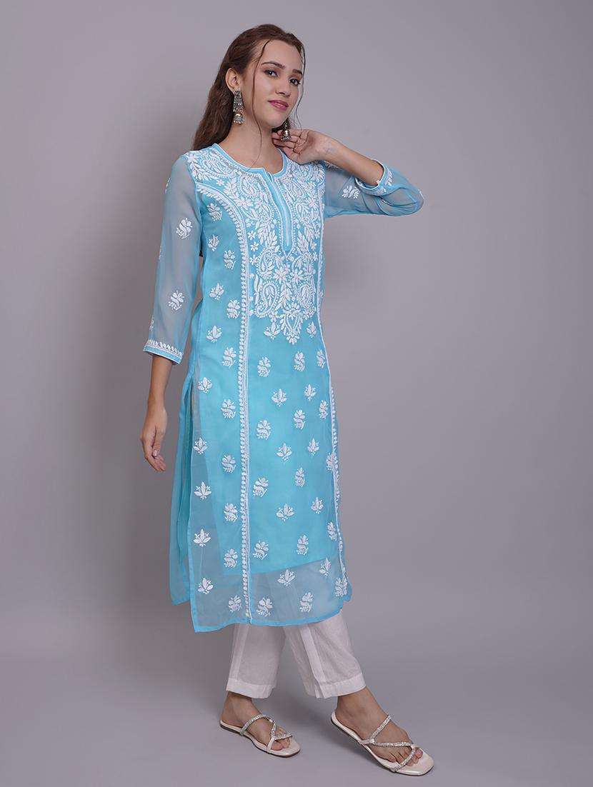 women three quarter sleeve straight chikankari kurta - 21688786 -  Standard Image - 3