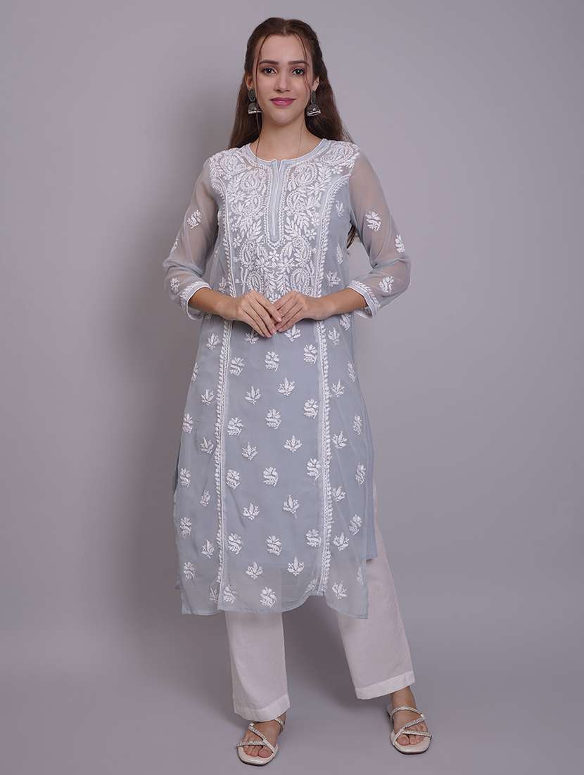 women three quarter sleeve straight chikankari kurta