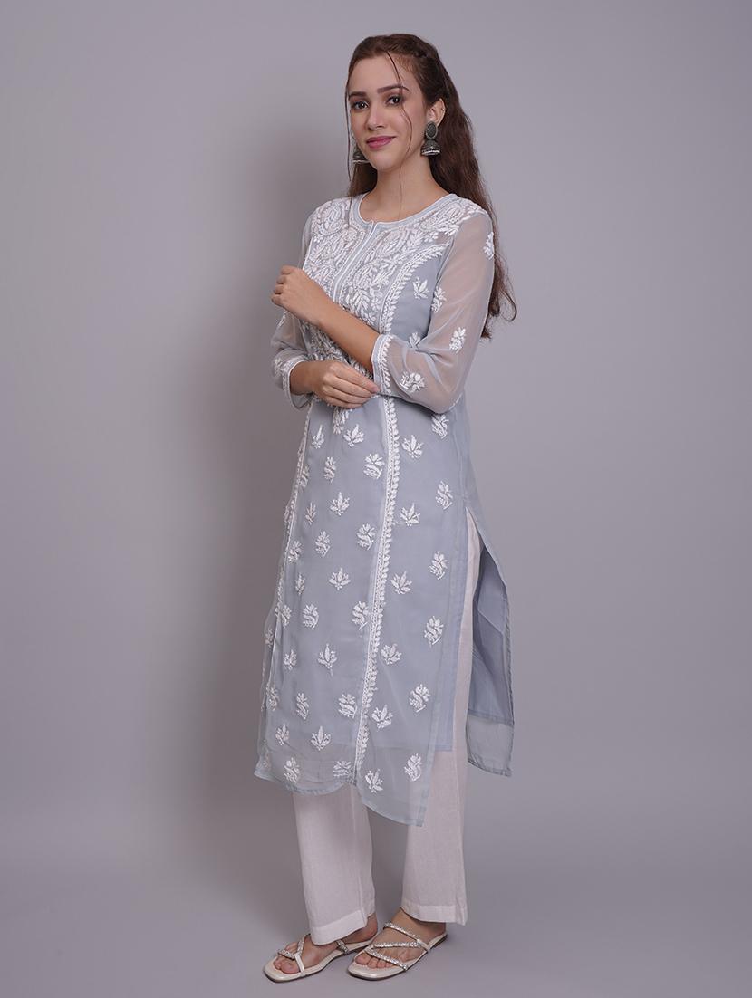 women three quarter sleeve straight chikankari kurta - 21688788 - Standard Image - 3