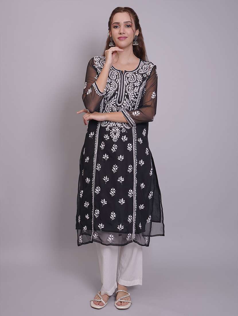 women three quarter sleeve straight chikankari kurta - 21688790 - Zoom Image - 0