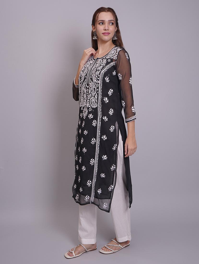 women three quarter sleeve straight chikankari kurta - 21688790 - Standard Image - 3