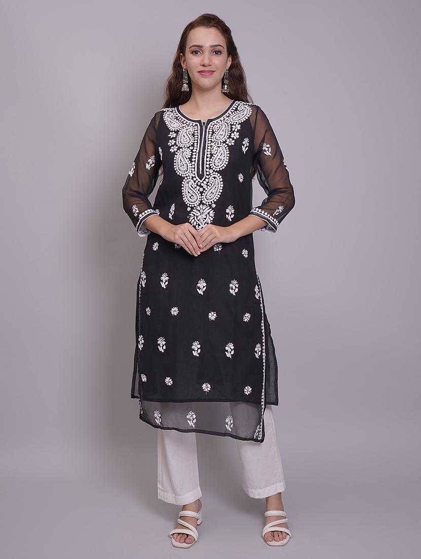 women three quarter sleeve straight chikankari kurta - 21688792 - Zoom Image - 0