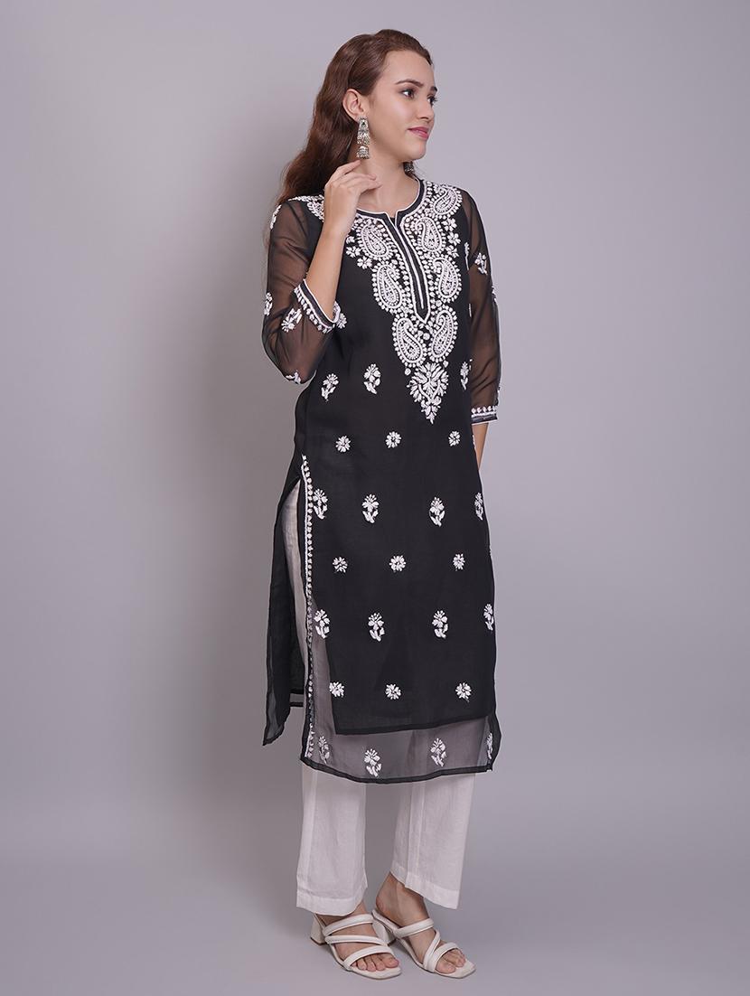 women three quarter sleeve straight chikankari kurta - 21688792 - Standard Image - 3
