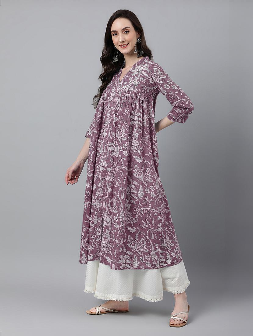 women floral three quarter sleeve flared kurta - 21688828 - Standard Image - 3