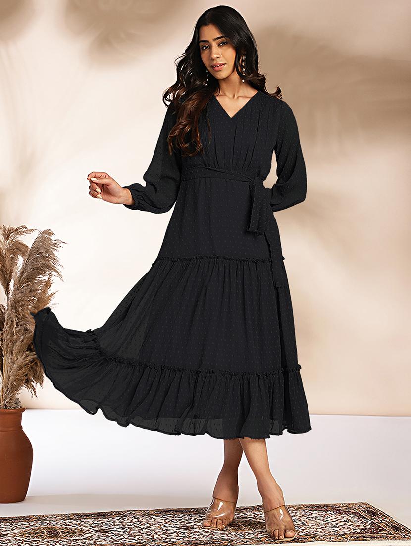 women black solid v neck tiered dress - 21688837 - Standard Image - 3