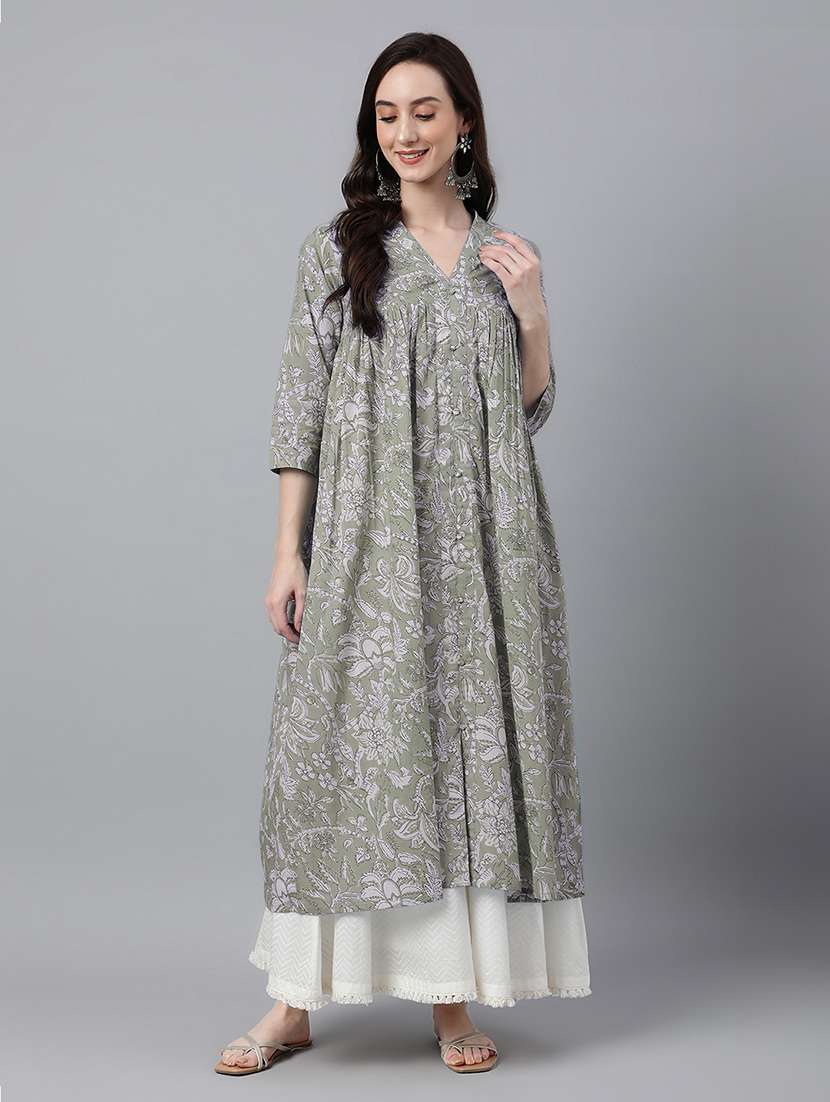 women floral three quarter sleeve flared kurta