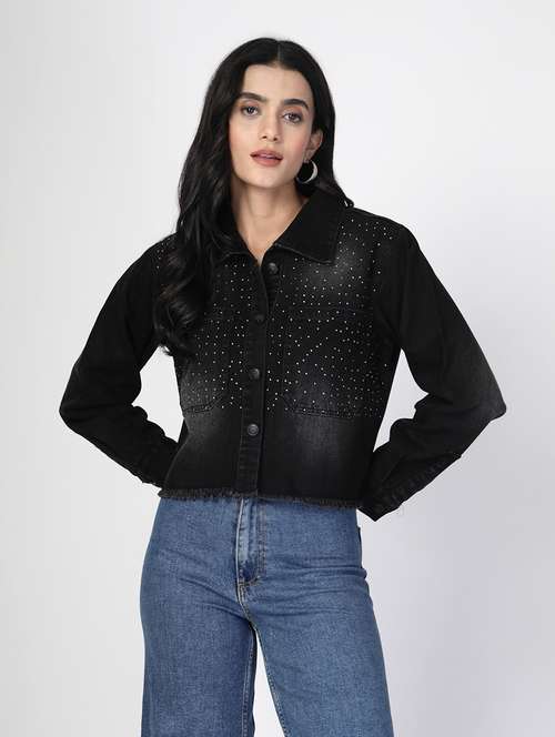 women black long sleeve embellished denim jacket