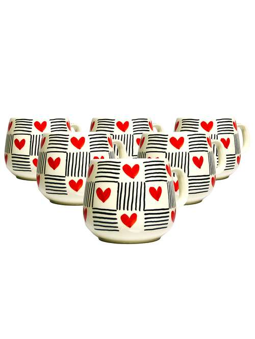 ekaura elegant hand-painted heart mugs: a work of art (6-piece, 275ml) | white & red hearts | handcrafted with love