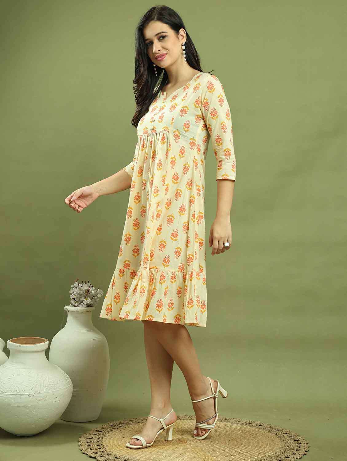 women cream floral printed tiered dress - 21688970 -  Standard Image - 3