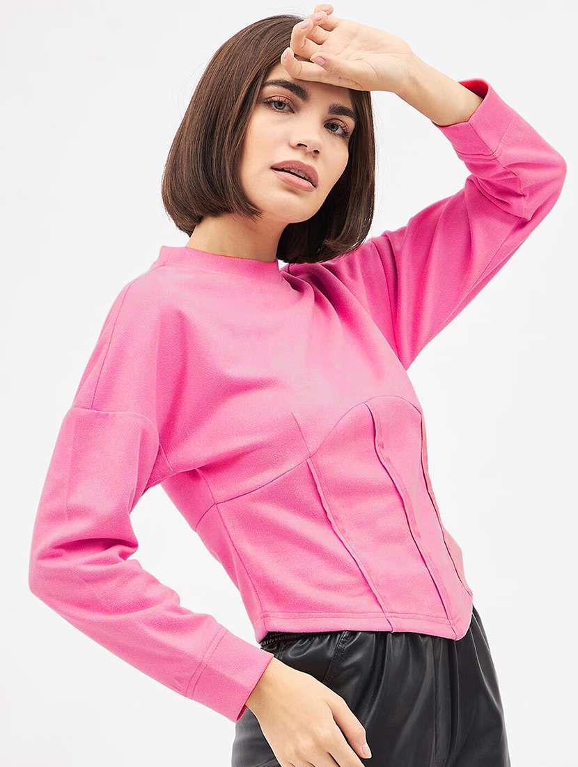 women pink solid long sleeve corset top