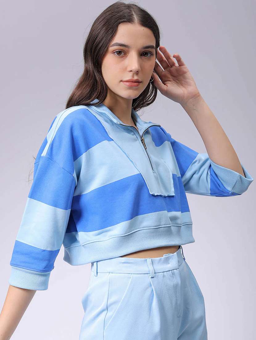 women stripe three quarter sleeve cropped sweatshirts