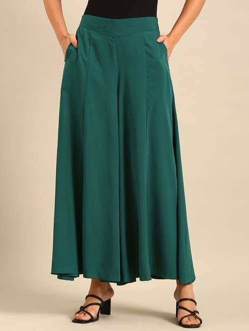 women solid mid rise wide leg palazzo