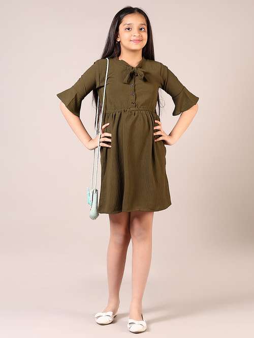 girls olive solid tie up neck fit & flare dress - 21689443 -  Standard Image - 0