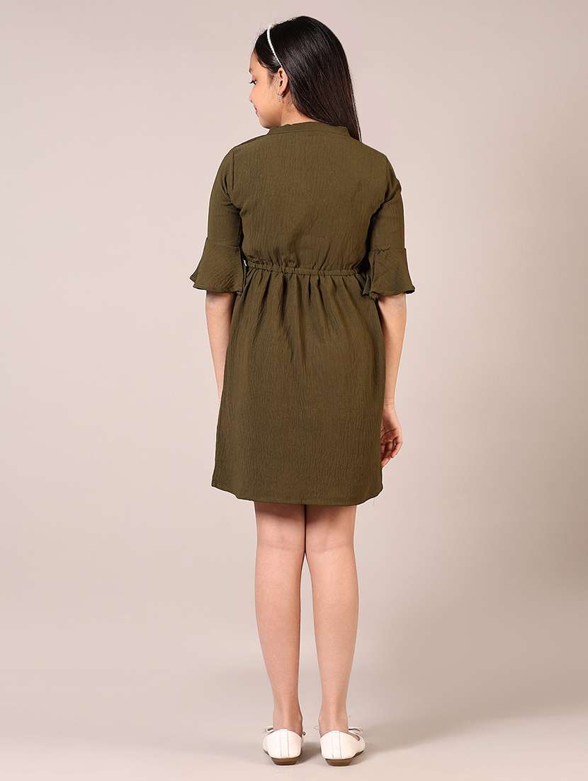 girls olive solid tie up neck fit & flare dress - 21689443 -  Standard Image - 3