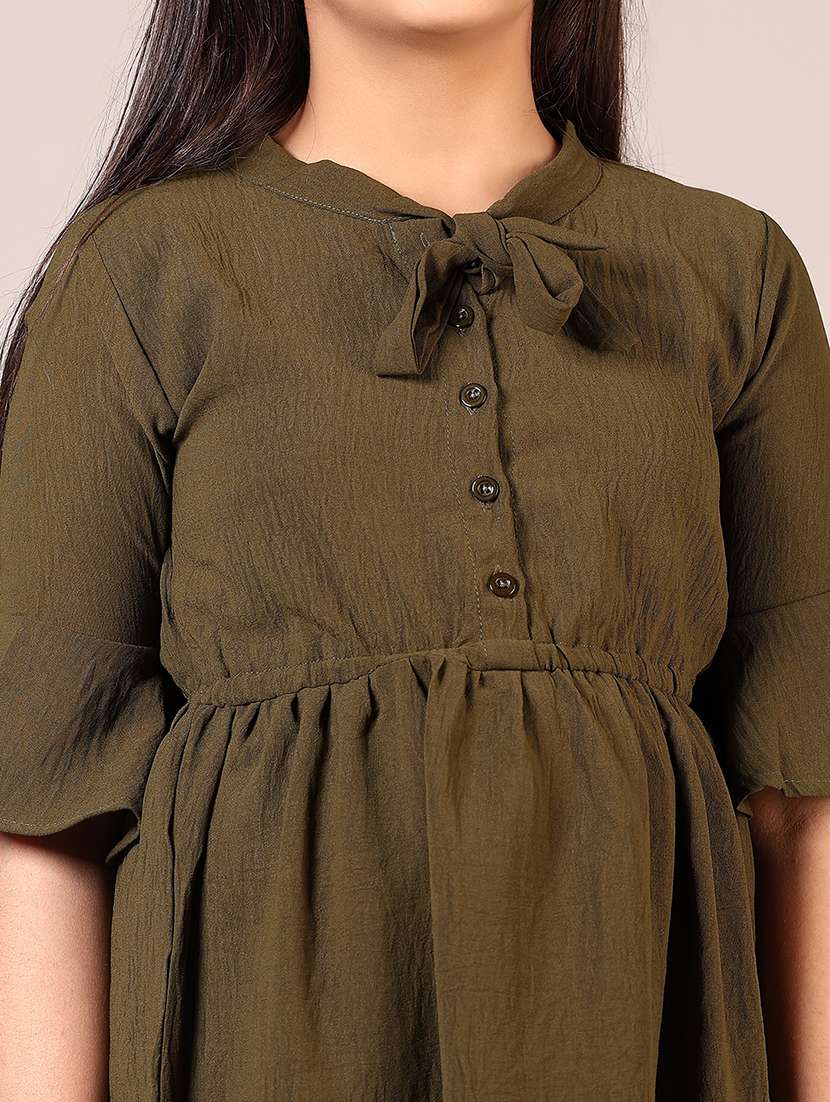 girls olive solid tie up neck fit & flare dress - 21689443 -  Standard Image - 5