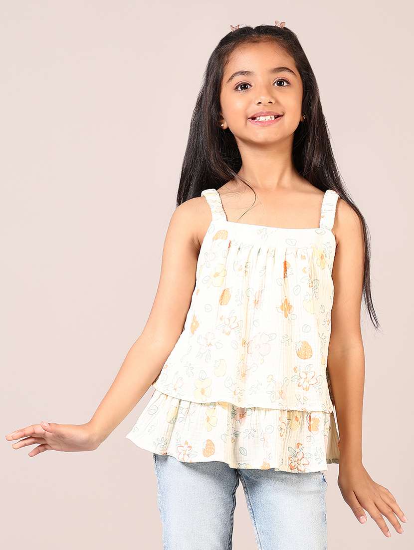girls cream printed shoulder strap top