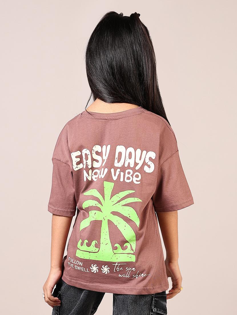girls brown printed round neck tee - 21689517 - Standard Image - 3